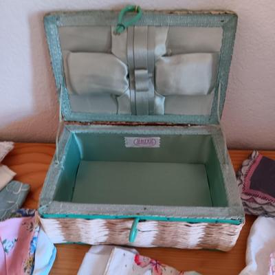 SMALLER SEWING BOX FILLED WITH HANKIES AND A VINTAGE COIN PURSE