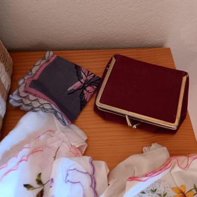SMALLER SEWING BOX FILLED WITH HANKIES AND A VINTAGE COIN PURSE