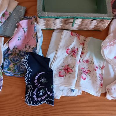 SMALLER SEWING BOX FILLED WITH HANKIES AND A VINTAGE COIN PURSE