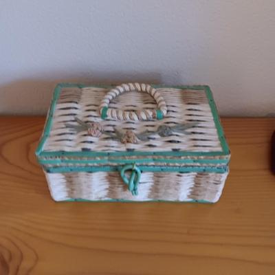 SMALLER SEWING BOX FILLED WITH HANKIES AND A VINTAGE COIN PURSE