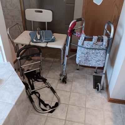 DOUBLE SHOWER SEAT, FOLDING WALKER, BED ASSIST AND A HEATING PAD