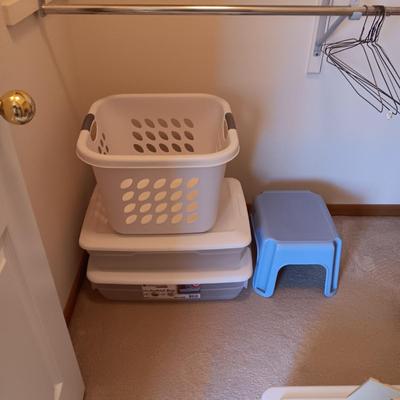 STORAGE CONTAINERS, LAUNDRY BASKET AND A STEP STOOL