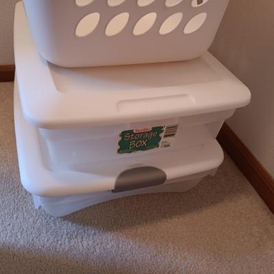 STORAGE CONTAINERS, LAUNDRY BASKET AND A STEP STOOL
