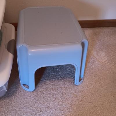 STORAGE CONTAINERS, LAUNDRY BASKET AND A STEP STOOL