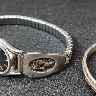 STERLING SILVER AND 14K WATCH BAND MARKED WM ROGERS AND STERLING BRACELET MARKED H MACE