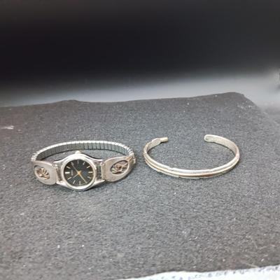 STERLING SILVER AND 14K WATCH BAND MARKED WM ROGERS AND STERLING BRACELET MARKED H MACE