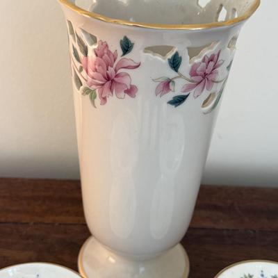 Lenox vase, Royal Doulton candle holders and napkin rings
