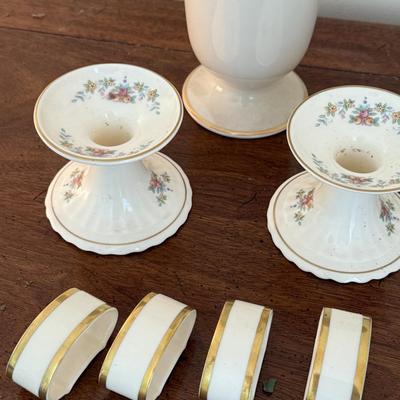 Lenox vase, Royal Doulton candle holders and napkin rings