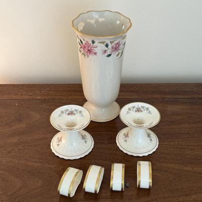 Lenox vase, Royal Doulton candle holders and napkin rings