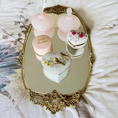 Mixed Vintage Collectibles - Spun Glass, Porcelain, Vanity Tray