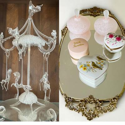 Mixed Vintage Collectibles - Spun Glass, Porcelain, Vanity Tray