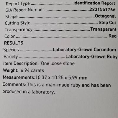 GIA CERTIFIED Lab Grown Ruby 6.94 cts