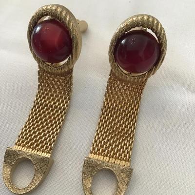 Vintage, gold tone, cranberry Cabochon mesh, cufflinks swank