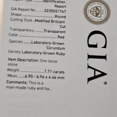 GIA CERTIFIED Lab Grown Ruby 1.71 cts