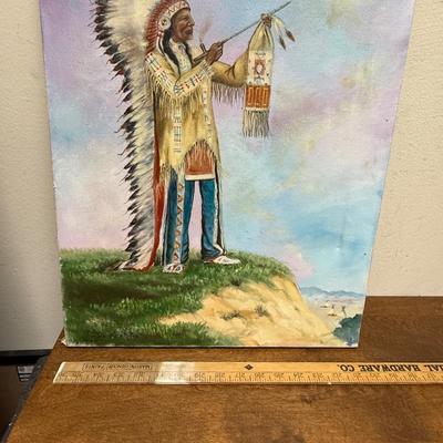 Oil on Canvas: Copy of Clarence Ellsworth's "Peace Pipe" American Indian Chief smoking pipe (1954)