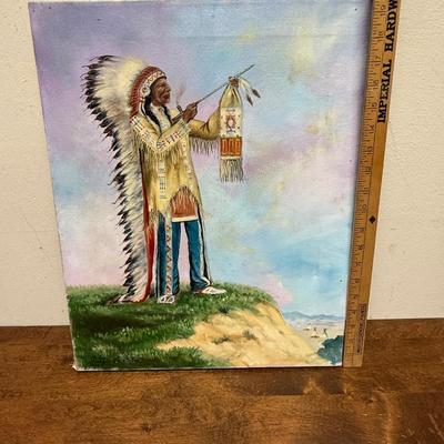 Oil on Canvas: Copy of Clarence Ellsworth's "Peace Pipe" American Indian Chief smoking pipe (1954)