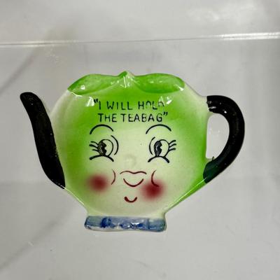 Vintage Napco Teabag Holder Teapot Spoon Rest Green Apple color anthropomorphic