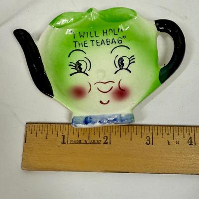 Vintage Napco Teabag Holder Teapot Spoon Rest Green Apple color anthropomorphic