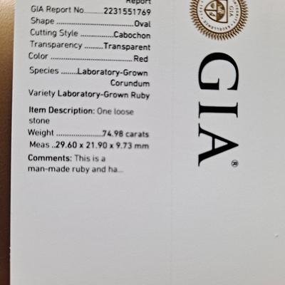 GIA CERTIFIED Lab Grown Ruby 74.98 cts