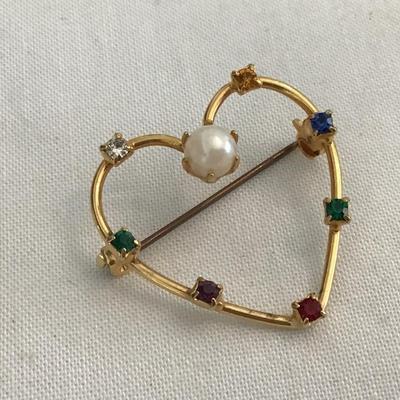 Pearl and Rhinestone Heart Brooch