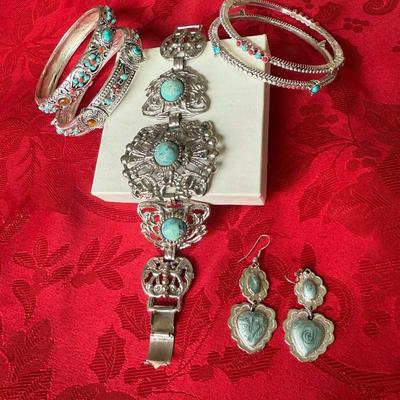 Large Bangle Bracelets with turquoise looking stones and earrings