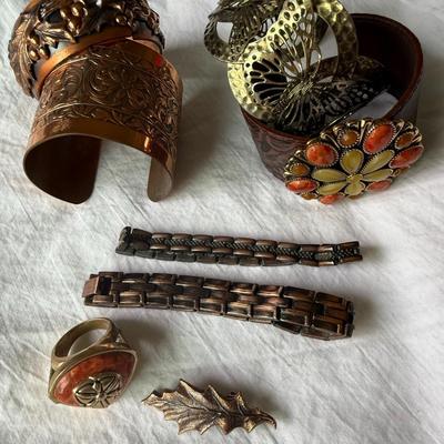 Bronze/Copper Bracelets, leather band w/colored stones, ring size 8
