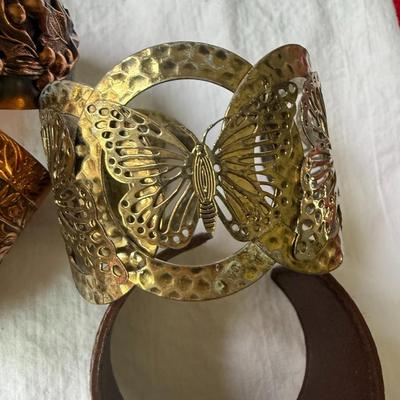 Bronze/Copper Bracelets, leather band w/colored stones, ring size 8