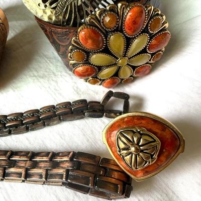 Bronze/Copper Bracelets, leather band w/colored stones, ring size 8