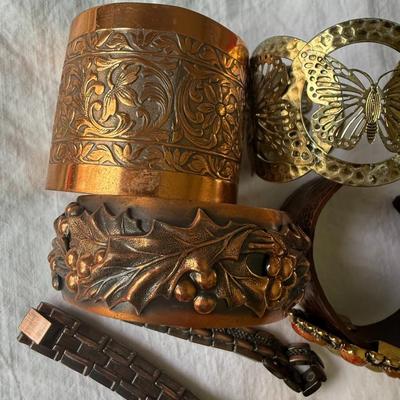 Bronze/Copper Bracelets, leather band w/colored stones, ring size 8