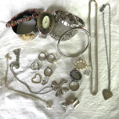 Variety of Silver tone Jewelry w/2 watches