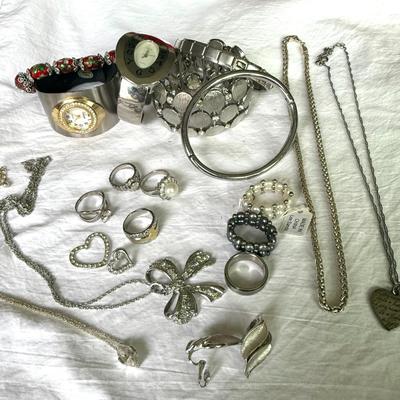 Variety of Silver tone Jewelry w/2 watches