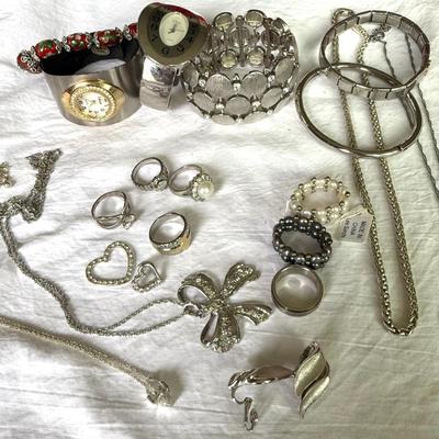 Variety of Silver tone Jewelry w/2 watches