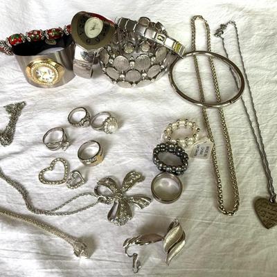 Variety of Silver tone Jewelry w/2 watches