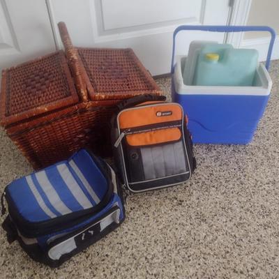 Assortment of Carry Coolers and Picnic Basket