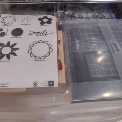 Collection of Craft Accessories, Rubber and Wood Stamps, Etc. Includes Storage Containers (#4)