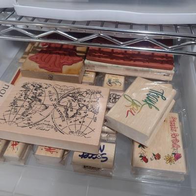 Collection of Craft Accessories, Rubber and Wood Stamps, Etc. Includes Storage Containers (#4)