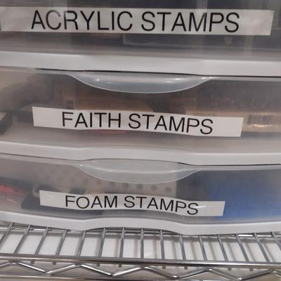Collection of Craft Accessories, Rubber and Wood Stamps, Etc. Includes Storage Containers (#4)