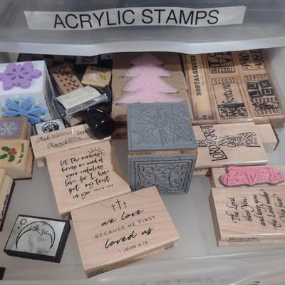 Collection of Craft Accessories, Rubber and Wood Stamps, Etc. Includes Storage Containers (#4)