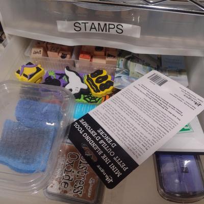 Collection of Craft Accessories, Rubber and Wood Stamps, Etc. Includes Storage Containers (#4)