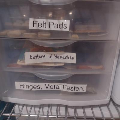 Collection of Craft Accessories, Fasteners, Scissors, Etc. Includes Storage Containers (#8)