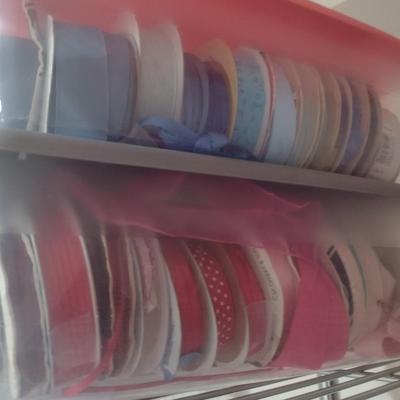 Collection of Craft Accessories, Ribbon, Etc. Includes Storage Containers (#13)