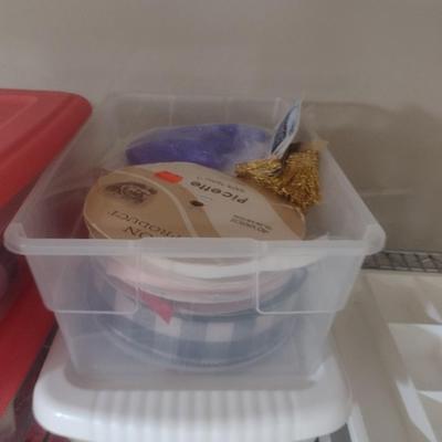 Collection of Craft Accessories, Ribbon, Etc. Includes Storage Containers (#13)