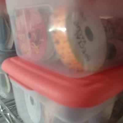 Collection of Craft Accessories, Ribbon, Etc. Includes Storage Containers (#13)