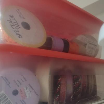 Collection of Craft Accessories, Ribbon, Etc. Includes Storage Containers (#13)