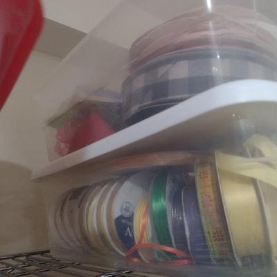 Collection of Craft Accessories, Ribbon, Etc. Includes Storage Containers (#13)