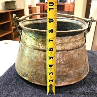 Antique Brass Cauldron with a Wrought Iron Handle