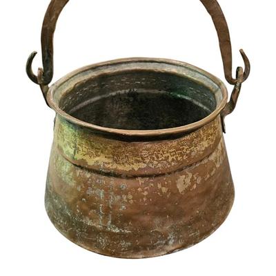 Antique Brass Cauldron with a Wrought Iron Handle