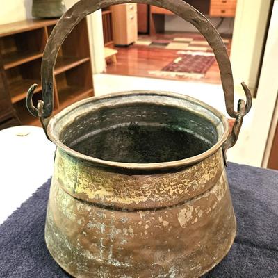 Antique Brass Cauldron with a Wrought Iron Handle