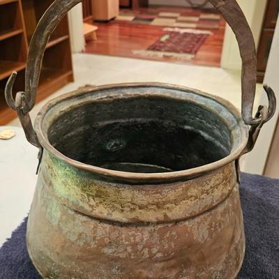 Antique Brass Cauldron with a Wrought Iron Handle