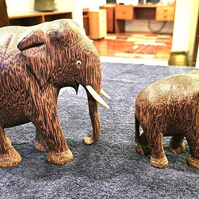 2 Vintage Hand Carved Palm Wood Elephant Figurines